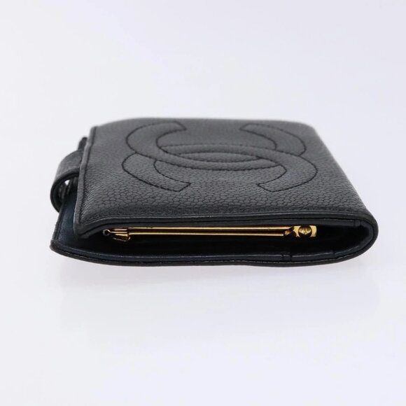 CHANEL Bifold Wallet Grained Calf Skin Black Gold CC Auth main image 8